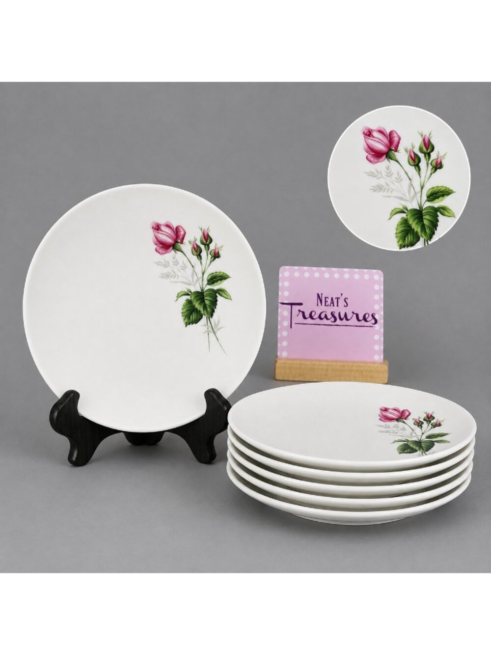Winterling Bavaria Germany PINK ROSE Green Leave Gray Foliage Salad Plates Set 6